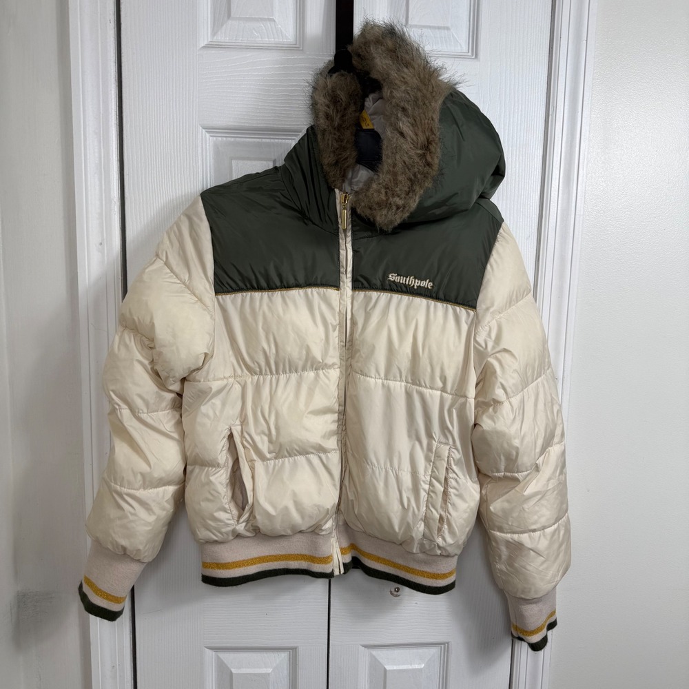 Southpole Womens L Y2K Puffer Jacket Faux Fur Hood Cream Olive Green 2000s
